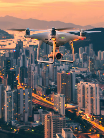 A drone with a camera flies over a city at sunset, capturing stunning aerial footage of the cityscape.の素材