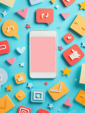 A flat lay image of colorful social media icons surrounding a smartphone on a light blue background.の素材