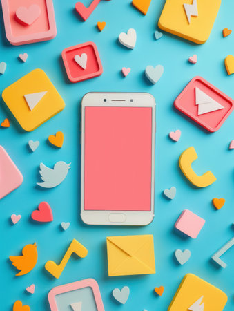 A flat lay photo featuring colorful social media icons like hearts, play buttons, and messages surrounding a smartphone on a blue background.の素材