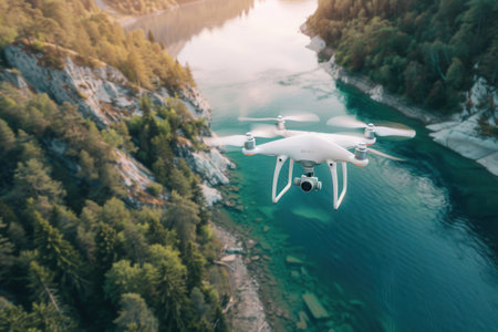 A drone flies over a picturesque river winding through a verdant forest, showcasing the stunning aerial photography capabilities of modern drones.の素材