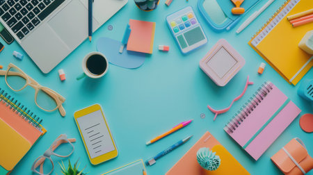 A flat lay showcasing various colorful office supplies, tech devices, and abstract lines representing data flow on a blue background.の素材
