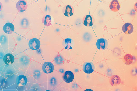 A graphic depicting a modern influencer network, showing the connections between influencers and their followers on social media.の素材