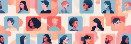 Illustration of diverse social media profiles symbolizing connected online communities, showing influencers and followers in a colorful display.の素材