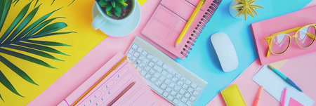 A colorful desk scene with office supplies like notebooks, pens, keyboard, and mouse. Potted plants and stylish glasses add to the vibrant backdrop.の素材
