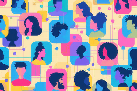 Colorful silhouettes of diverse influencers and their followers connected in a trendy social media network. Ideal for influencer marketing and advertising.の素材