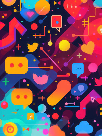 Abstract digital art representing trending social media icons, hashtags, and engagement on a dark background.の素材