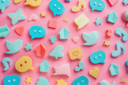 A vibrant pink background features a variety of colorful social media icons, including hearts, stars, houses, and speech bubbles, representing current trends and popular hashtags.の素材