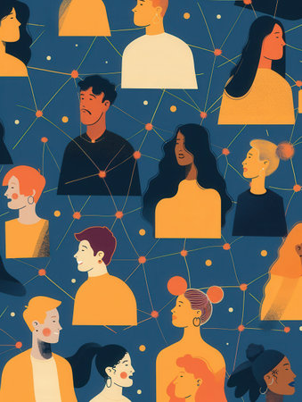 A colorful illustration of multiple diverse influencer profiles connected by a web of followers. Perfect for agencies and advertisers working with social media influencers.の素材