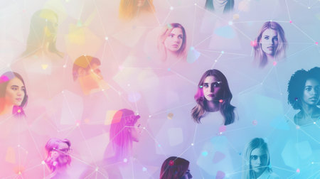 Colorful, abstract background showing a network of connected influencers and their followers, ideal for influencer marketing and advertising.の素材