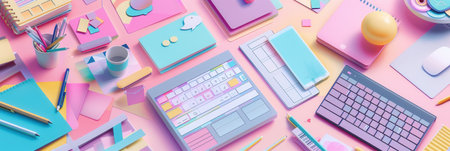 A close-up shot of a table with a variety of network devices, including routers, modems, and smart home gadgets, all interconnected by abstract lines symbolizing data flow.の素材