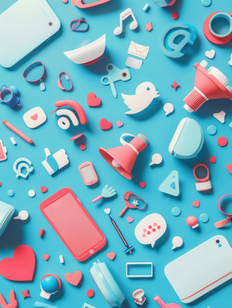 A collection of colorful social media icons and trends on a blue background, showing the current landscape of online communication and engagement.の素材