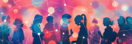 Silhouettes of influencers and followers against a colorful, vibrant background represent the interconnected nature of social media.の素材