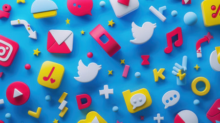 A bright and cheerful image featuring various social media icons scattered on a blue background, representing the dynamic and ever-evolving world of social media.の素材