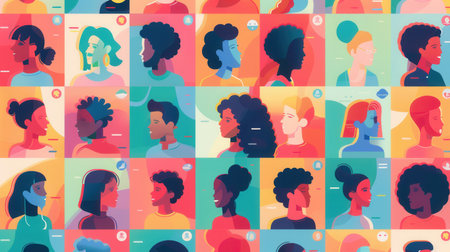 A vibrant illustration of various diverse influencers and their followers, showing the power of connection in the digital age.の素材