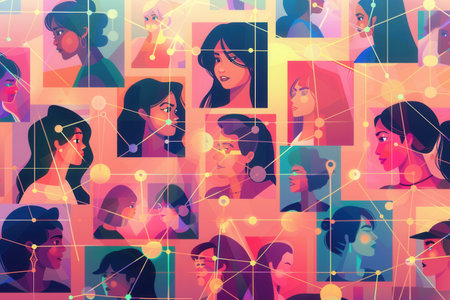 A colorful and modern illustration depicting a network of influencers and their followers connected through digital lines.の素材