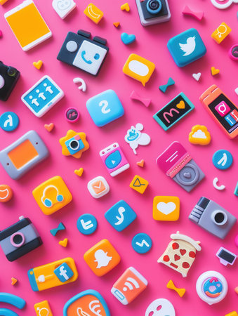 An array of colorful social media icons on a pink background, representing the vast and ever-evolving landscape of online trends and engagement.の素材