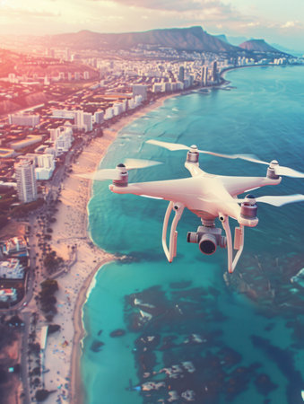 A drone captures stunning aerial footage of a coastal city and beach at sunset.の素材