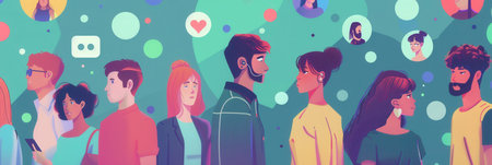 A vibrant illustration depicting diverse influencers and their followers interacting online, showing the power of online community and social media.の素材