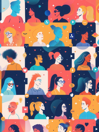 A colorful illustration showing profiles of diverse individuals representing social media influencers and followers.の素材
