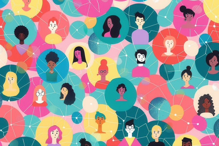 A vibrant, colorful illustration depicting a network of influencers and their followers. Ideal for influencer agencies and advertisers looking to showcase social media trends.の素材
