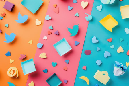 Colorful paper cutouts illustrate social media trends, set against a vibrant background of orange, pink, and blue.の素材