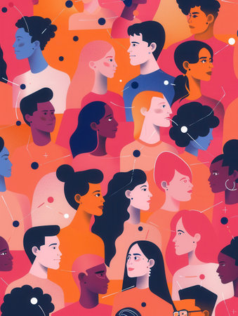 An illustration depicting a diverse group of influencers and followers connected online, showing the power of social media for reaching a broad audience.の素材