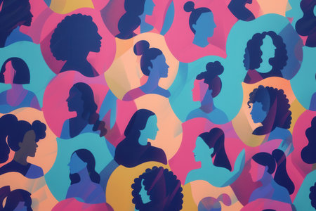 An abstract illustration featuring many female silhouettes in a dynamic and vibrant pattern, symbolizing the connectedness of influencers and their followers.の素材