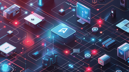 A digital illustration depicting a network of connected devices, including routers, modems, and smart home gadgets, with abstract lines symbolizing data flow.の素材