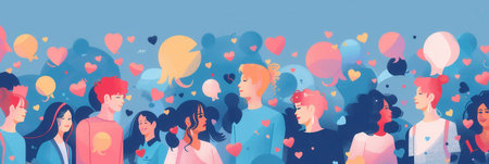 A vibrant illustration featuring diverse influencers and their followers, surrounded by hearts and balloons, symbolizing the powerful connection within a community.の素材