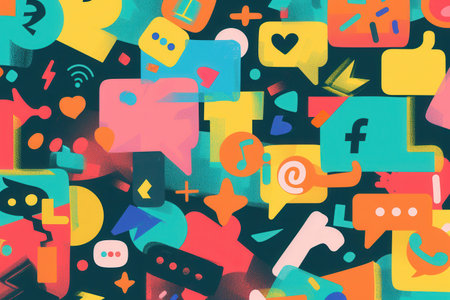 A vibrant and dynamic background filled with social media icons and hashtags, symbolizing the constant flow of trends and conversations online.の素材