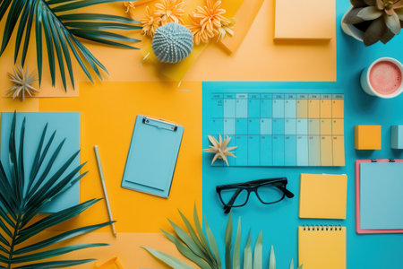 A flat lay featuring office supplies, including a notepad, a clipboard, glasses, and a calendar. The objects are set against a blue and yellow background.の素材