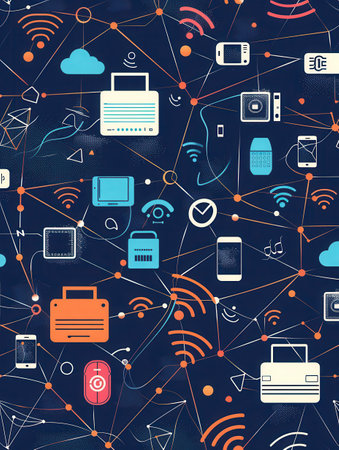 An illustration depicting a network of interconnected devices, including routers, modems, and smart home gadgets. Abstract lines represent data flow.の素材