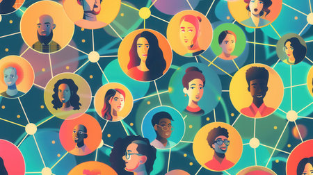 A vibrant illustration depicting a network of diverse influencers connected with their followers, showing the power of online communities.の素材