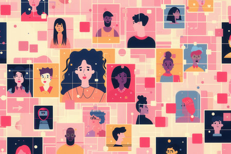 A digitally illustrated scene depicting a grid of profiles representing influencers and their followers, showing the connected world of social media.の素材