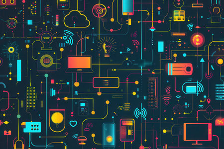 An abstract illustration depicting various network devices, including routers, modems, and smart home gadgets, connected by colorful lines symbolizing data flow.の素材