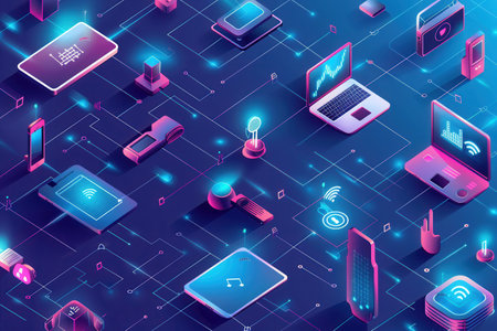 An illustration depicting various network devices, including routers, modems, smart home gadgets, and laptops, interconnected by abstract lines symbolizing data flow.の素材