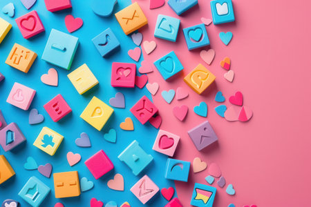 A vibrant image featuring colorful social media icons scattered on a blue and pink background. The image represents the current trends and engagement on social media platforms.の素材
