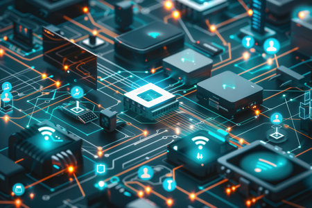 A digital illustration depicting various network devices and smart home gadgets interconnected by abstract lines symbolizing data flow.の素材