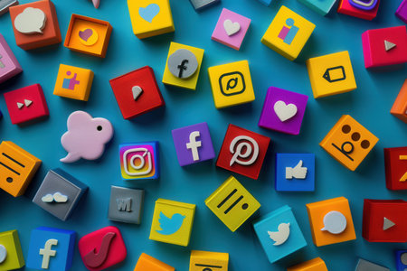A flat lay of colorful social media icons on a blue background. This image is perfect for representing online marketing and social media trends.の素材