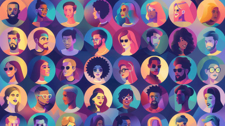 A vibrant and diverse collection of colorful profiles representing influencers and their followers, showcasing a trendy and connected online community.の素材