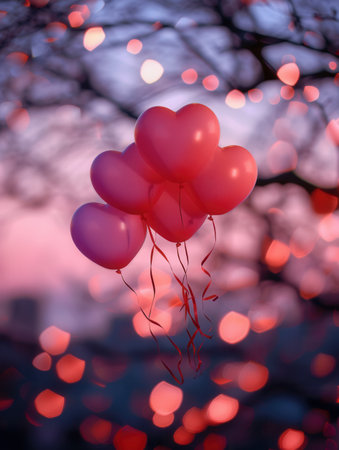 Heart-shaped balloons against a twinkling light backdrop, perfect for restaurants, event planners, and special occasions.の素材