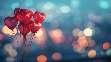 A beautiful image with heart-shaped balloons against a backdrop of twinkling city lights. Perfect for romantic events, dinner dates, and proposals.の素材