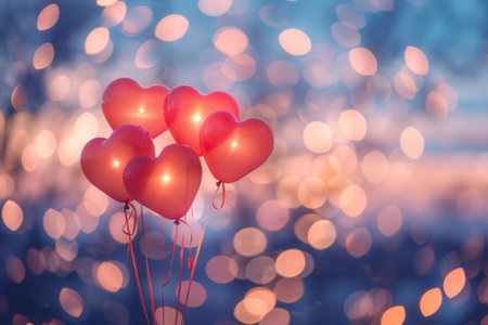 Heart-shaped balloons float against a backdrop of twinkling lights, perfect for romantic evenings and special occasions.の素材