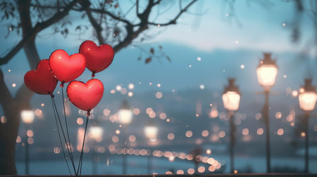A close-up shot of four red heart-shaped balloons floating against the backdrop of a romantic evening cityscape, with twinkling lights and a soft blue sky.の素材
