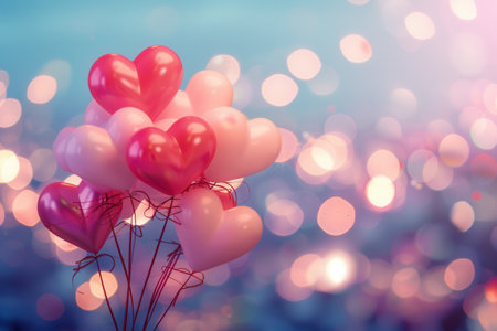 Pink and red heart balloons against a sparkling background of city lights. Ideal for a romantic evening setting.の素材