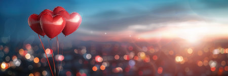 Heart-shaped balloons against a backdrop of city lights and a romantic sunset. Perfect for creating a magical and intimate atmosphere for your next event.の素材