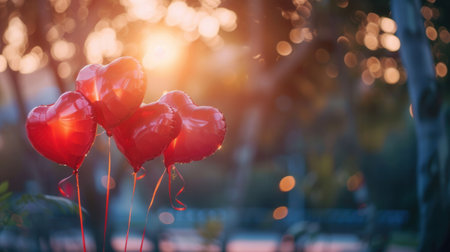 Heart-shaped balloons against a beautiful sunset background, perfect for romantic events and special occasions.の素材