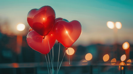 Heart-shaped balloons float against a backdrop of city lights, creating a romantic atmosphere for a special evening.の素材