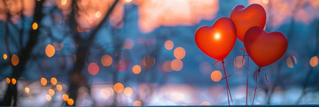 Three red heart-shaped balloons float against a backdrop of twinkling lights and a blurred cityscape.の素材
