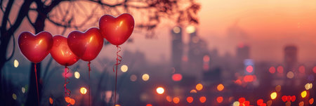 Heart-shaped balloons float against a backdrop of twinkling city lights at dusk, creating a romantic and intimate ambiance.の素材